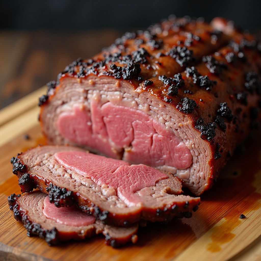 Close-up of sliced brisket with perfect smoke ring