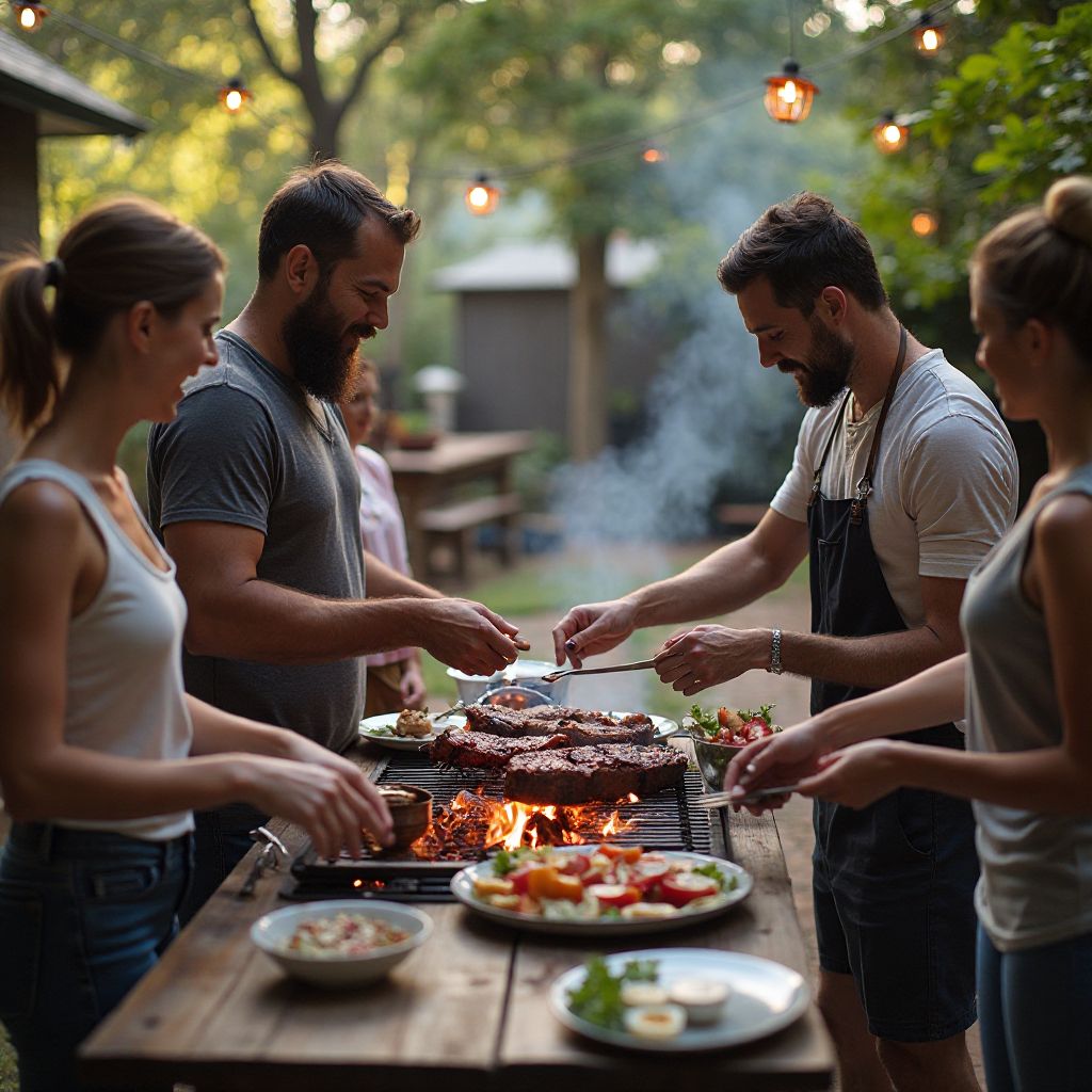 Backyard family gathering with BBQ service